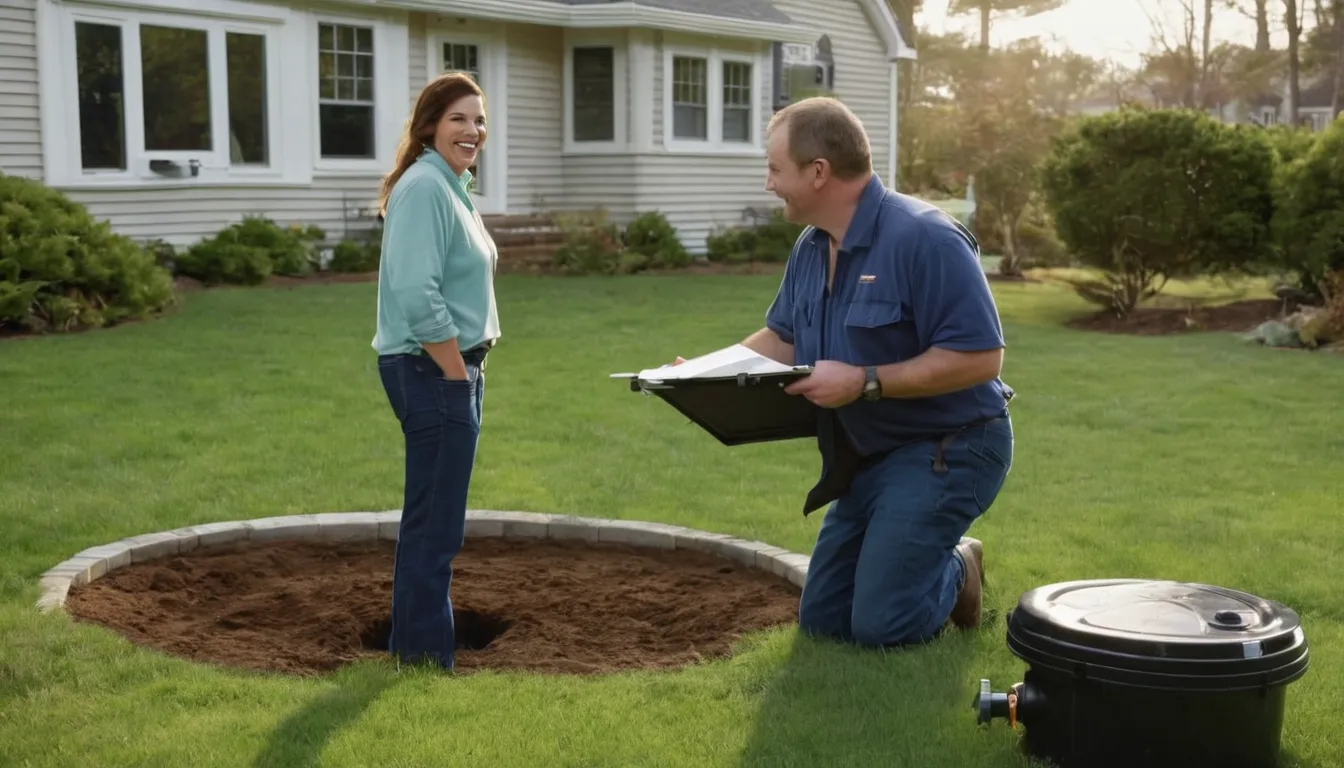 Friendly septic provider talking with a homeowner beside an open tank lid in a yard in Tinton Falls