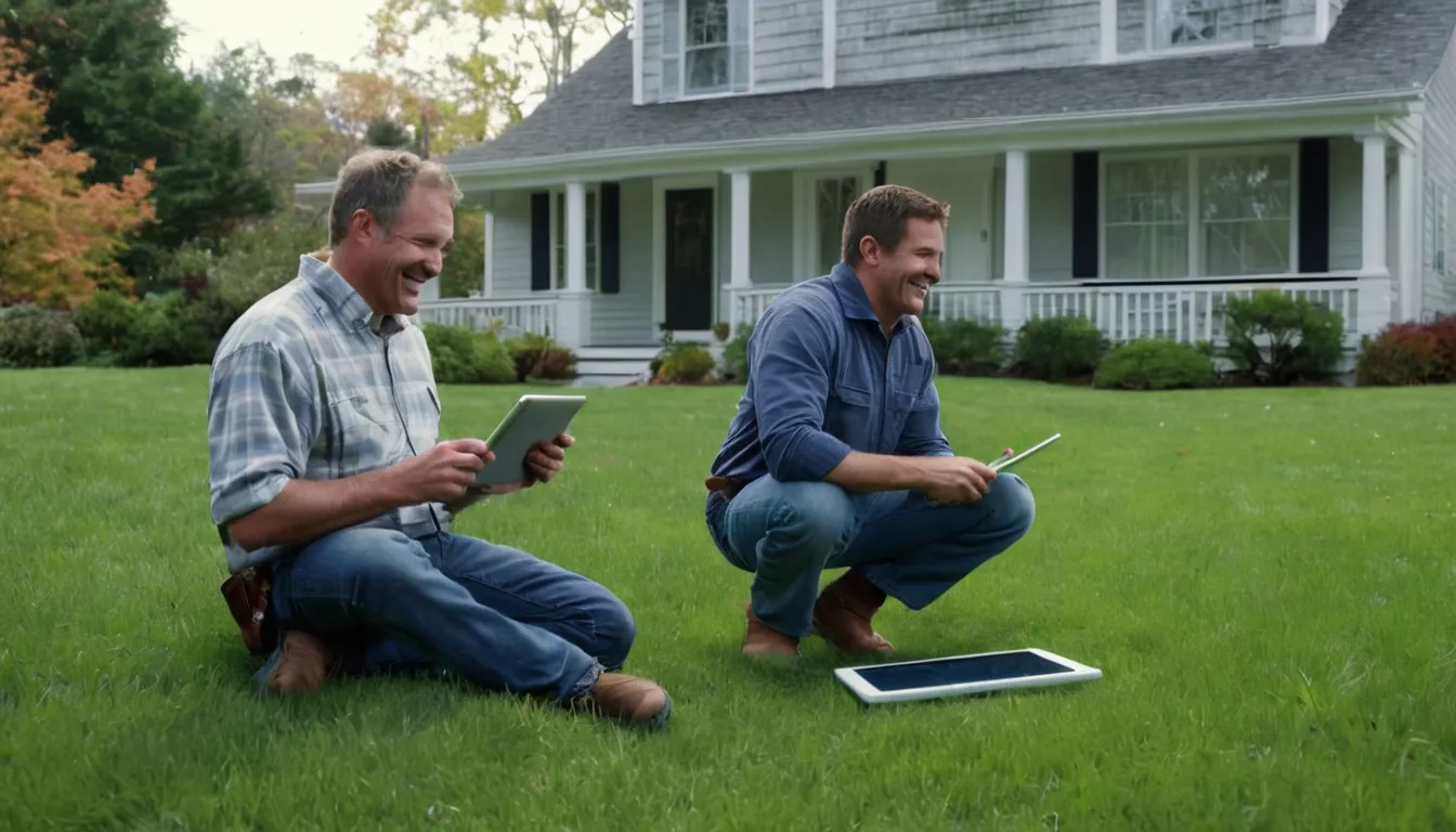 A friendly local provider showing a homeowner a camera inspection screen near a front yard in Tinton Falls